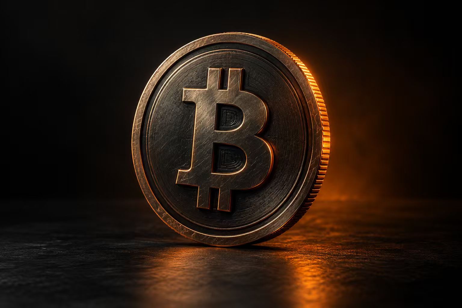 A dark sculptural Bitcoin coin illuminated by orange light